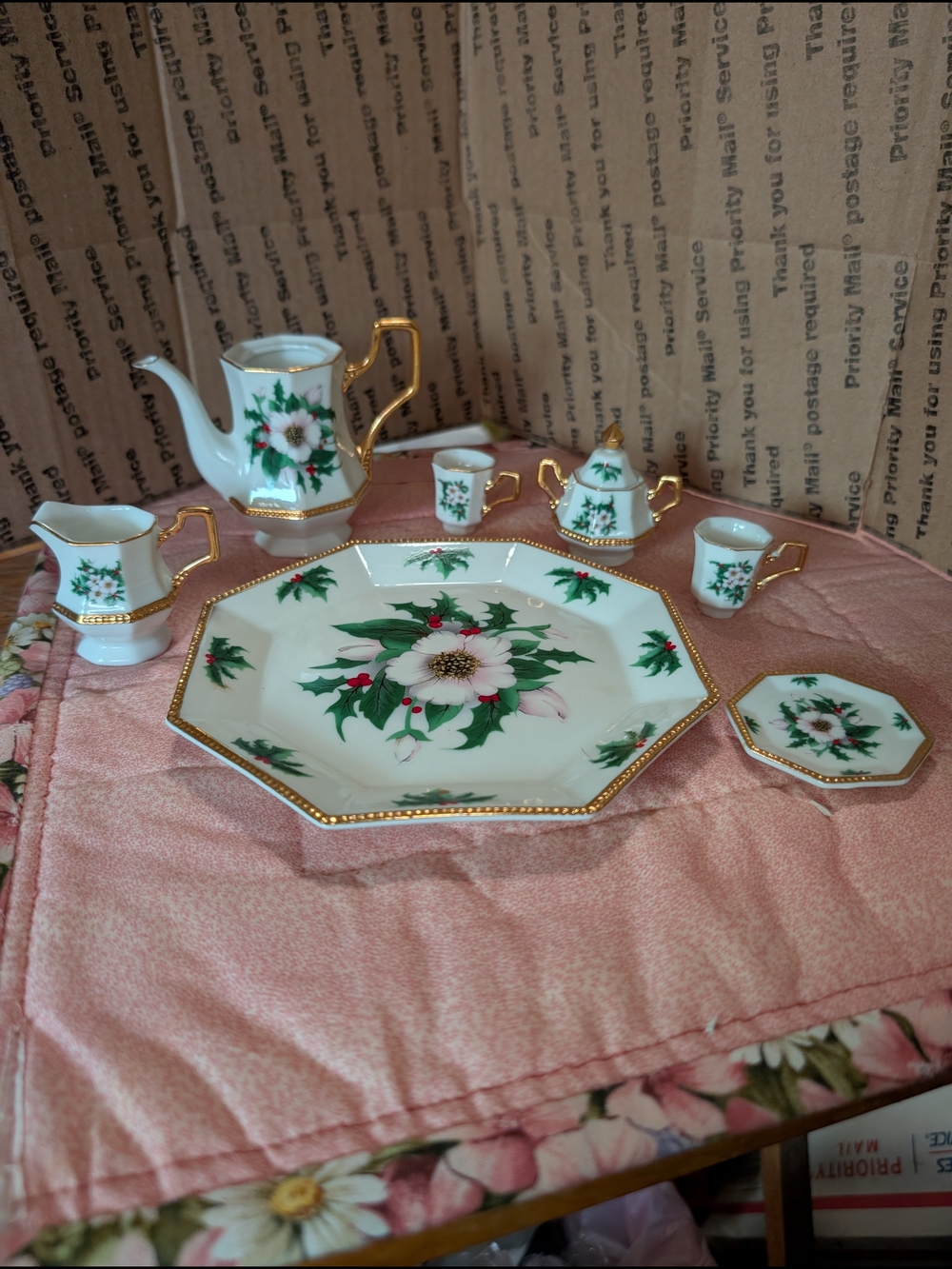Holiday Floral Porcelain Tea Set with Gold Trim